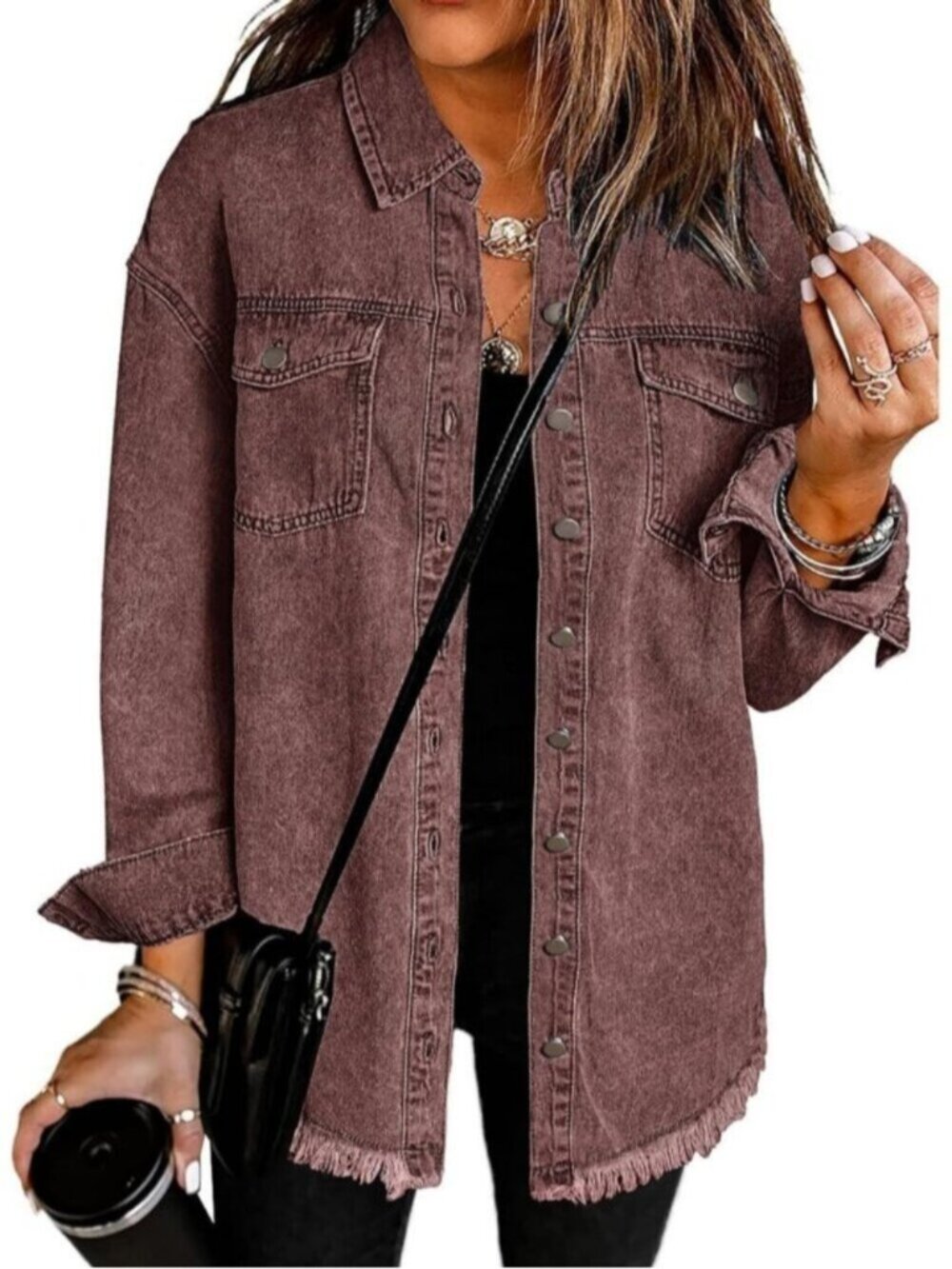 Women's Brown Stone Oversized Drop Shoulder Button Up Frayed Denim Jean Jacket